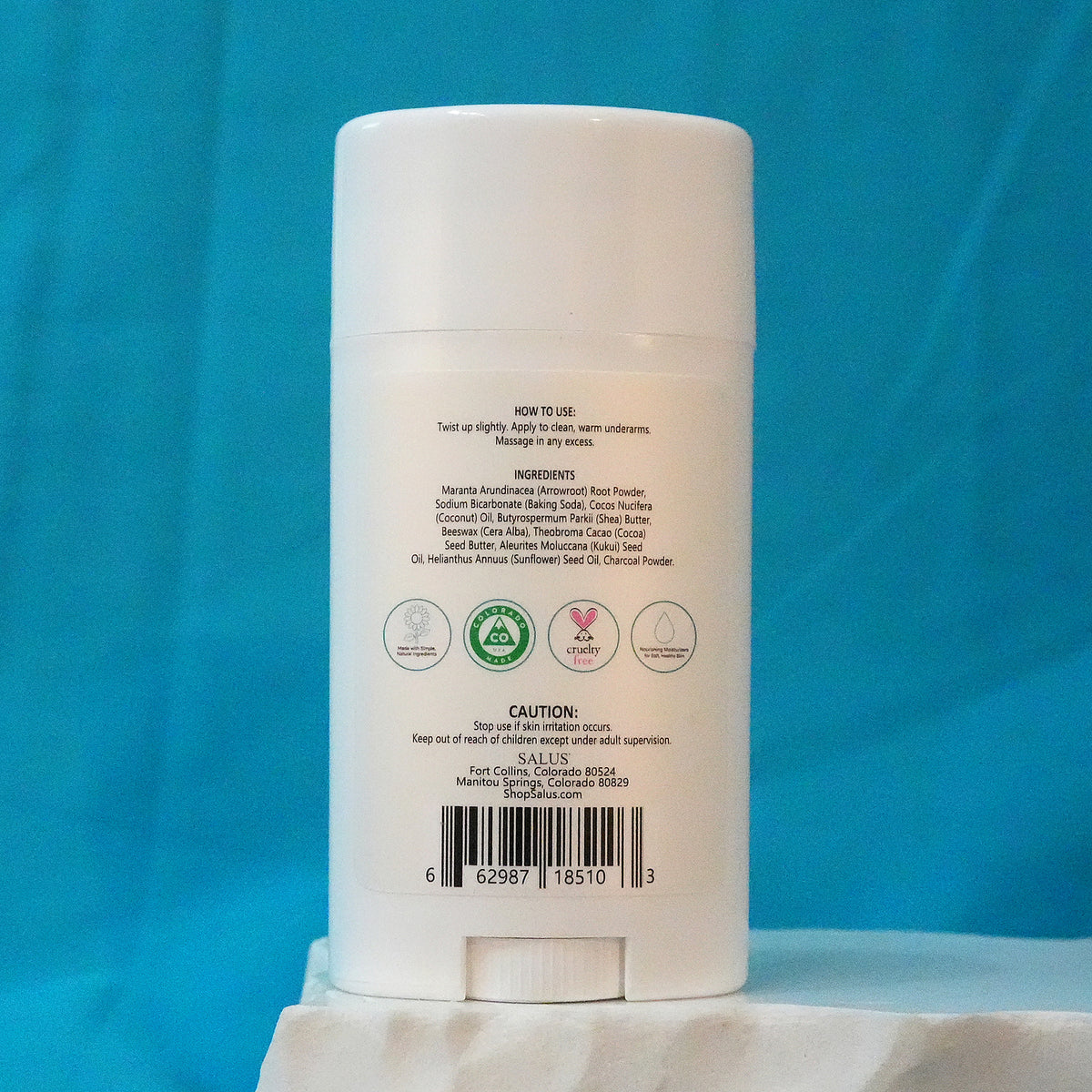SALUS Unscented + Charcoal Natural Deodorant, 2.85 oz ingredients and how-to-use panel