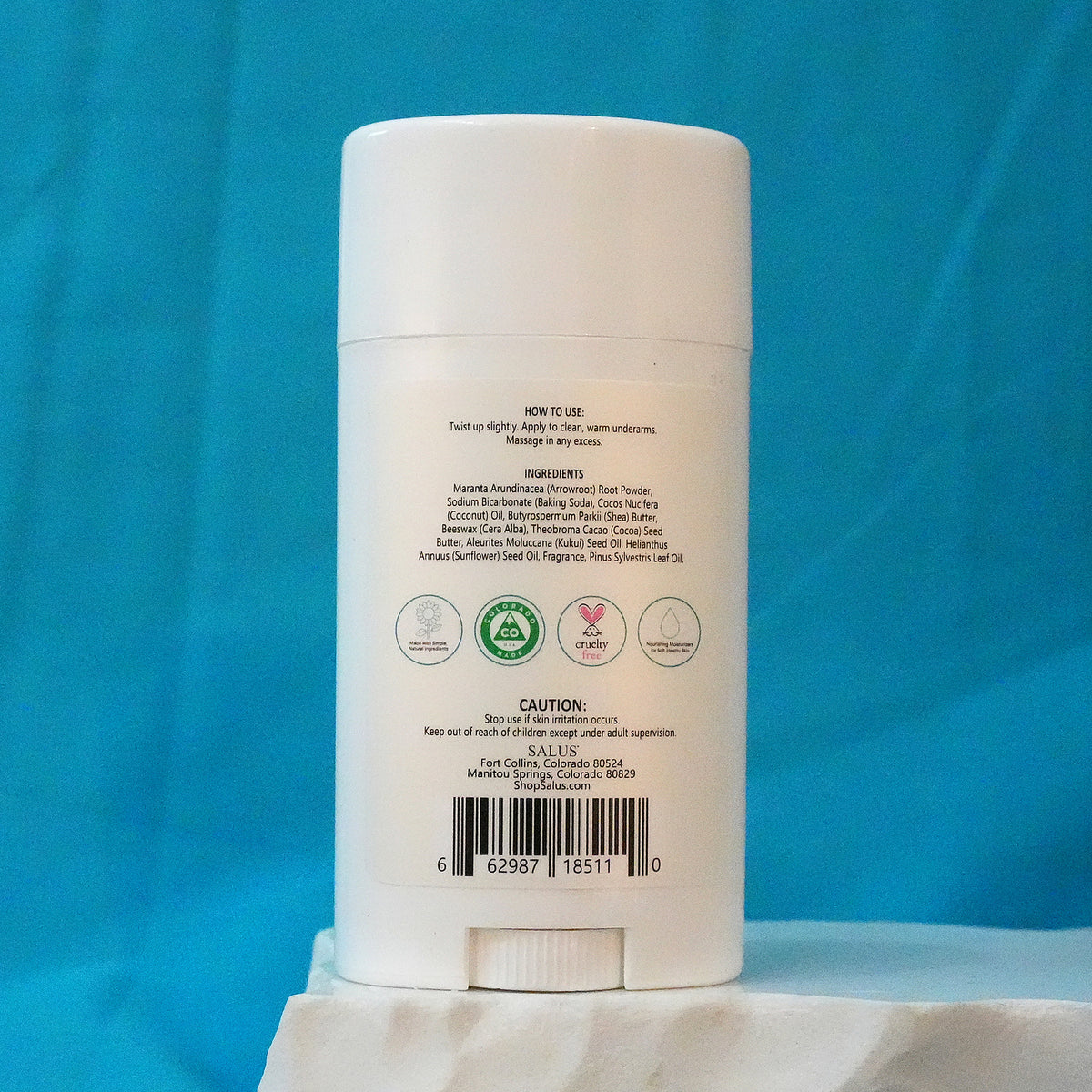 SALUS Evergreen Natural Deodorant, 2.85 oz ingredients and how-to-use panel