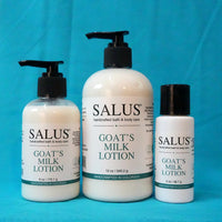 SALUS Goat's Milk Lotion in 2 oz, 6 oz, and 12 oz bottles.