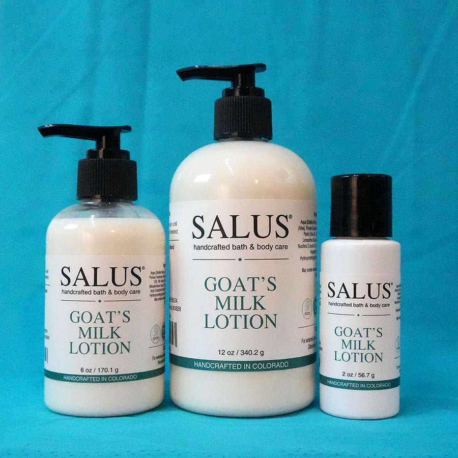 SALUS Goat's Milk Lotion in 2 oz, 6 oz, and 12 oz bottles.