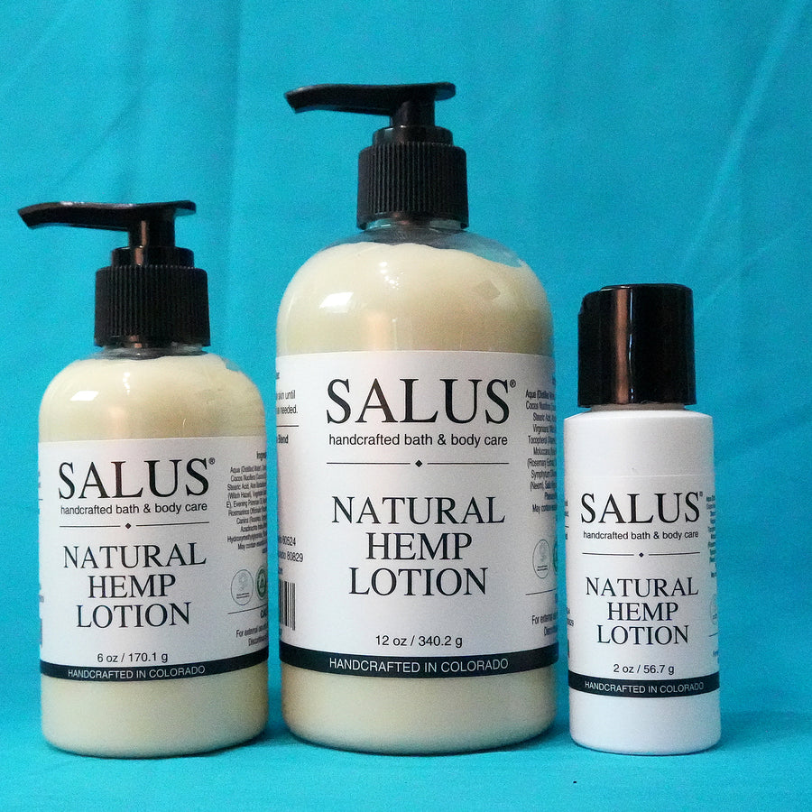 SALUS Natural Hemp Lotion, 2 oz, 6 oz and 12 oz bottles