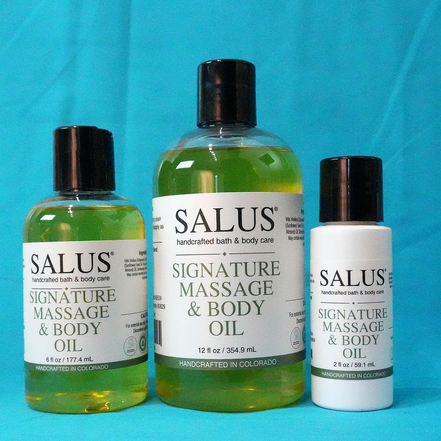 SALUS Signature Massage & Body Oil, 2 fl oz, 6 fl oz and 12 fl oz bottles