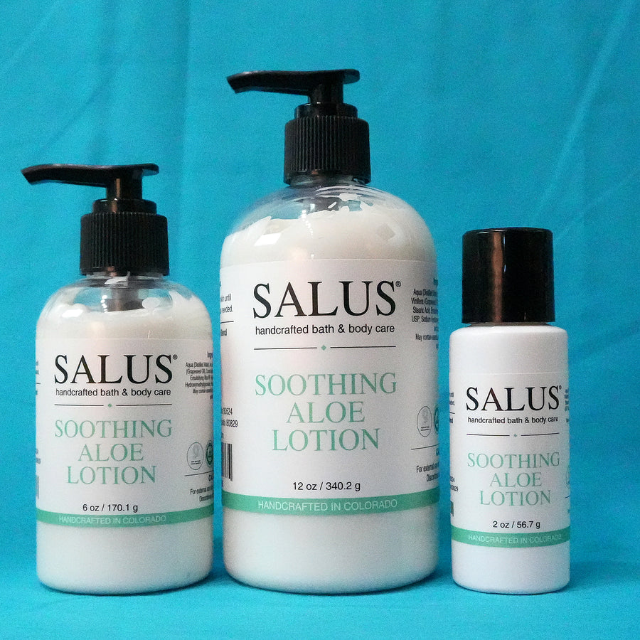 SALUS Soothing Aloe Lotion, 2 oz, 6 oz and 12 oz bottles